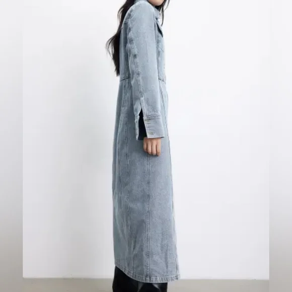 H&M denim maxi dress front buttons denim blue washed sz M BNWT